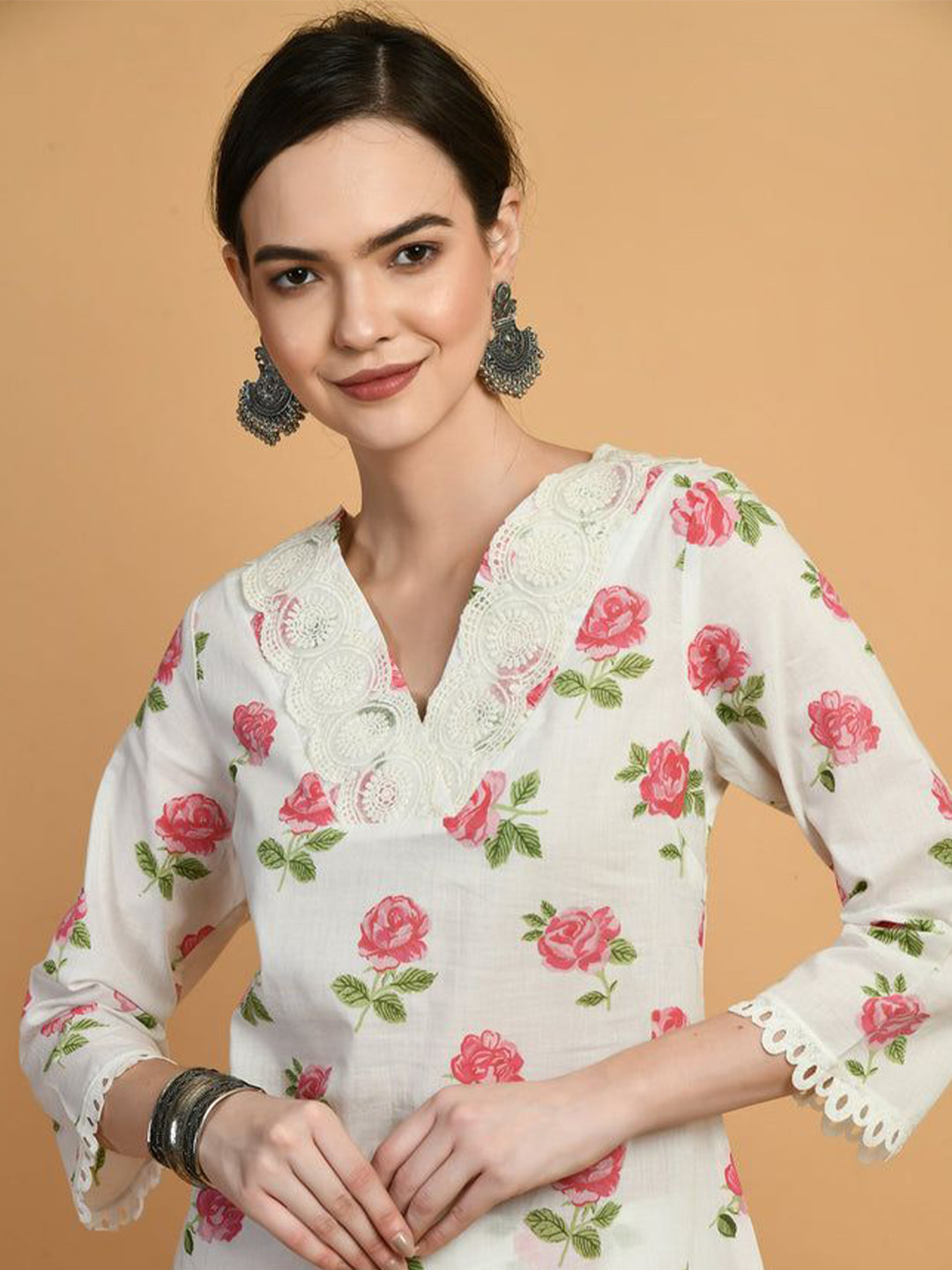 SEEDS OF FUSION Printed V-Neck Cold-Shoulder Sleeves Maternity Pleated Pathani Kurti