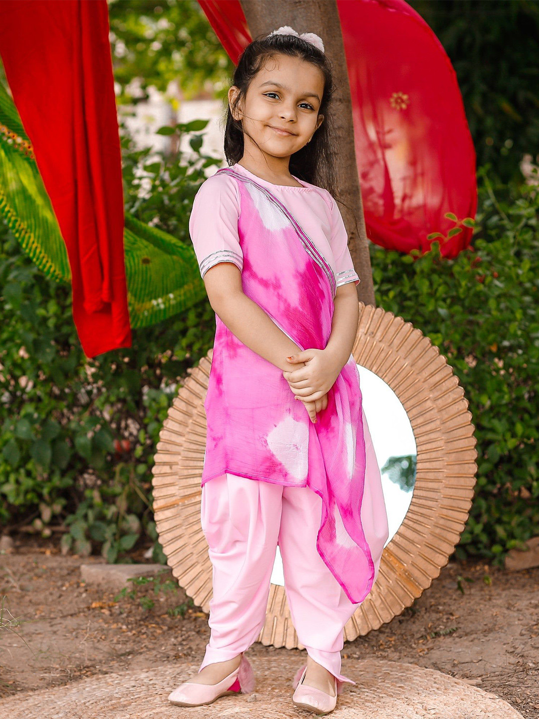 Thread & Button Girls Light Pink Dhoti Set With Cape