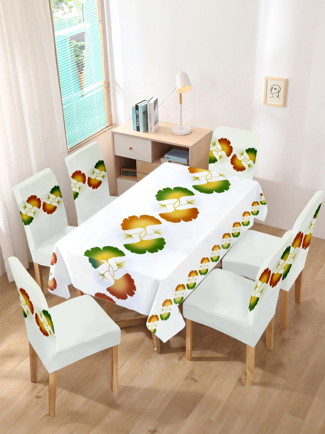 Myntra Elegant Homes Set Of 7 White Floral Table Cover & Dining Chair Cover Set