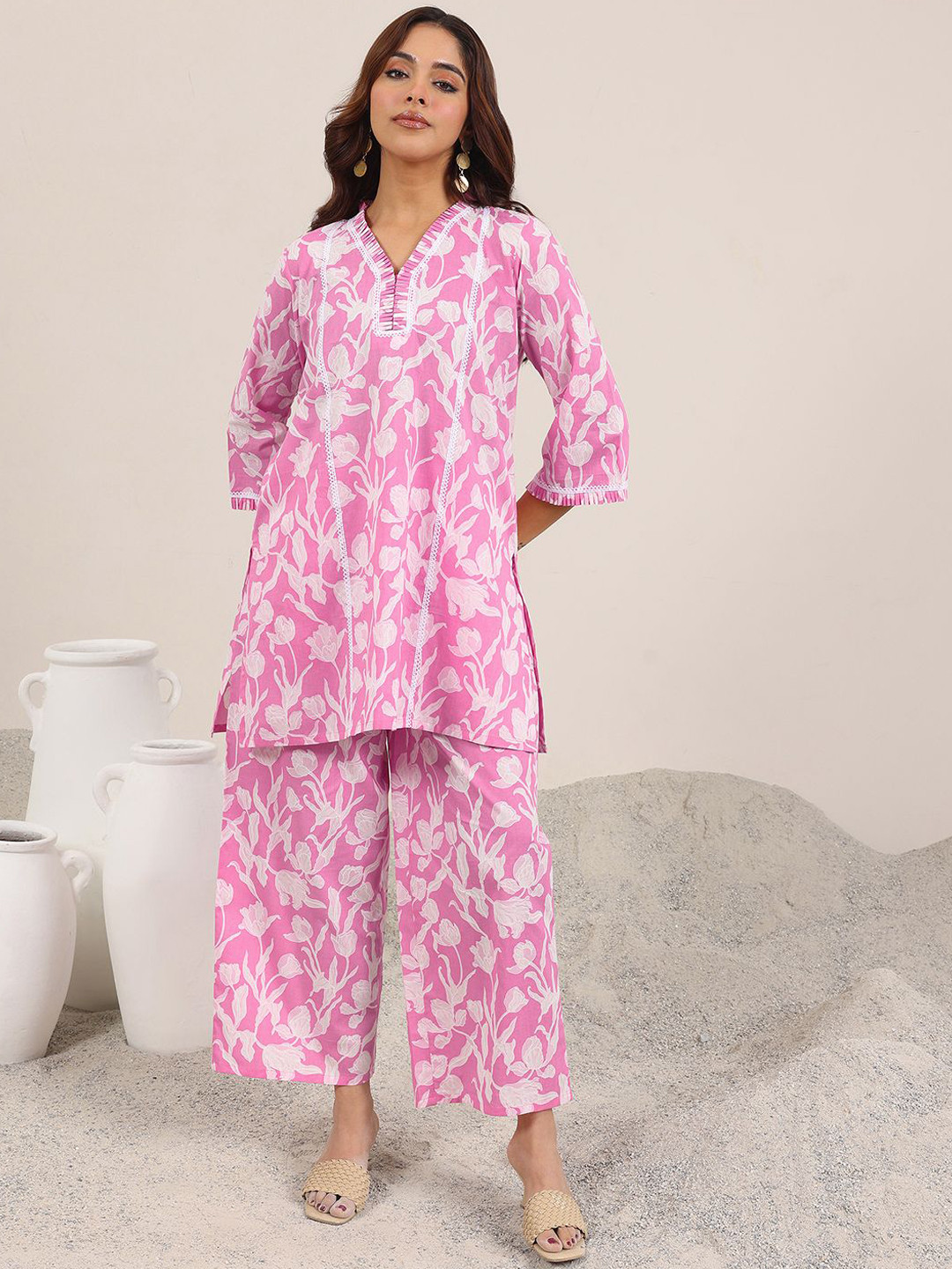 Libas Floral Printed Short Tunic & Wide Leg Palazzo Co-Ord Set