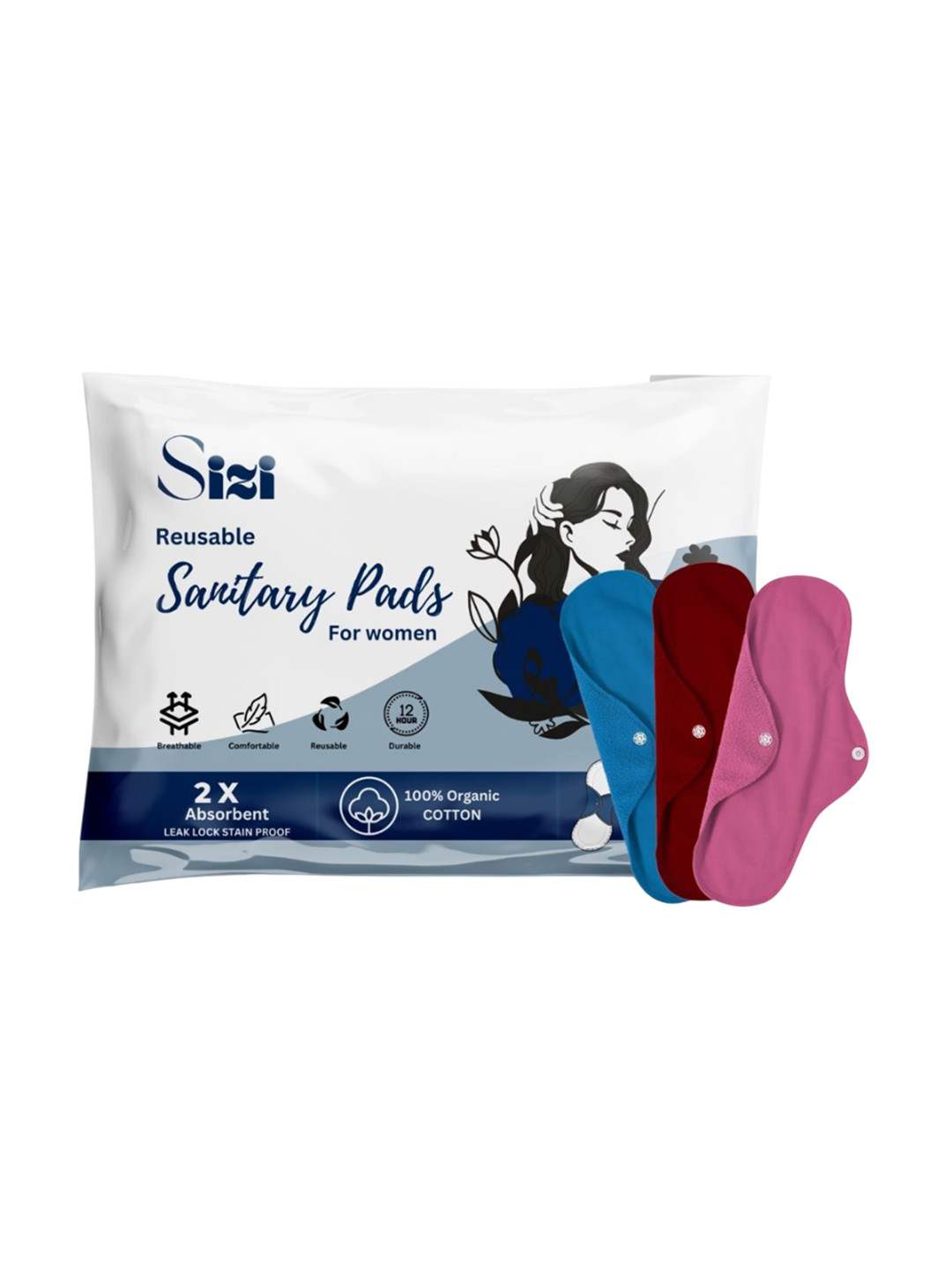 Sizi Super Absorbent Washable & Reusable Cotton Sanitary Napkins - XL - 3 Pads