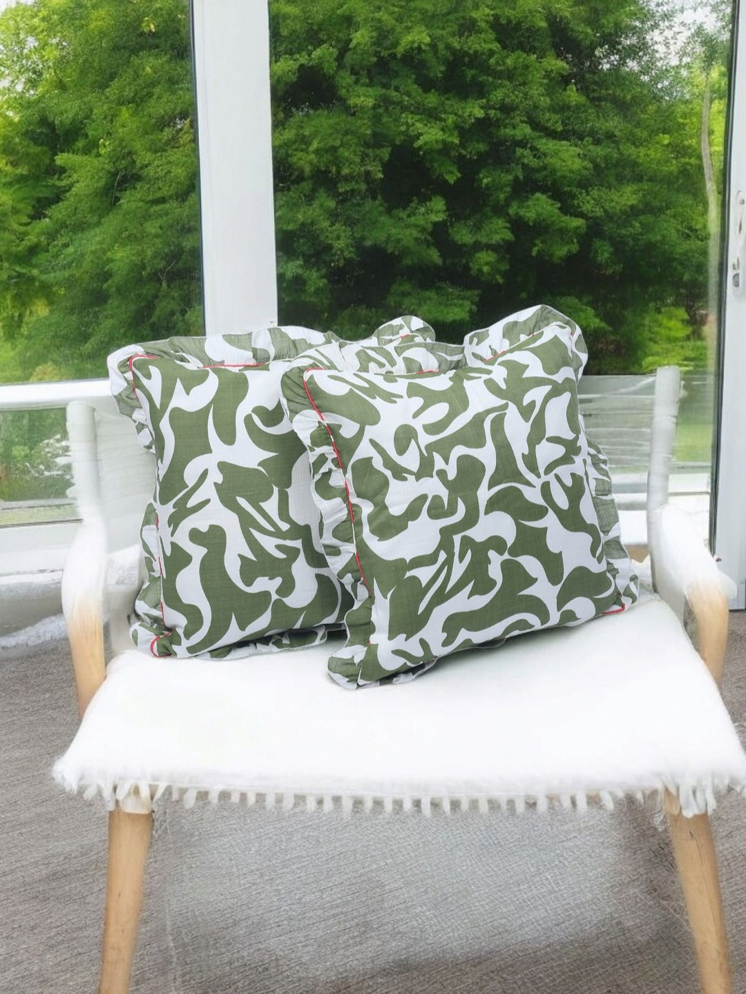 Dhrohar Olive Green 2 Pieces Abstract Printed Ruffled Edge Square Shaped Cushion Covers