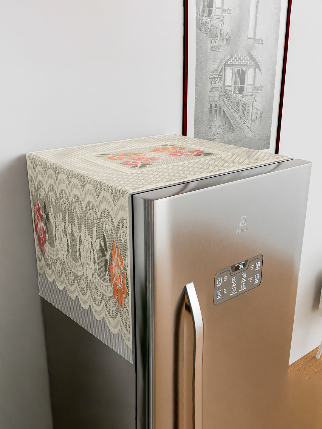 Kuber Industries Cream & Orange Colored Floral Printed Fridge Top Cover