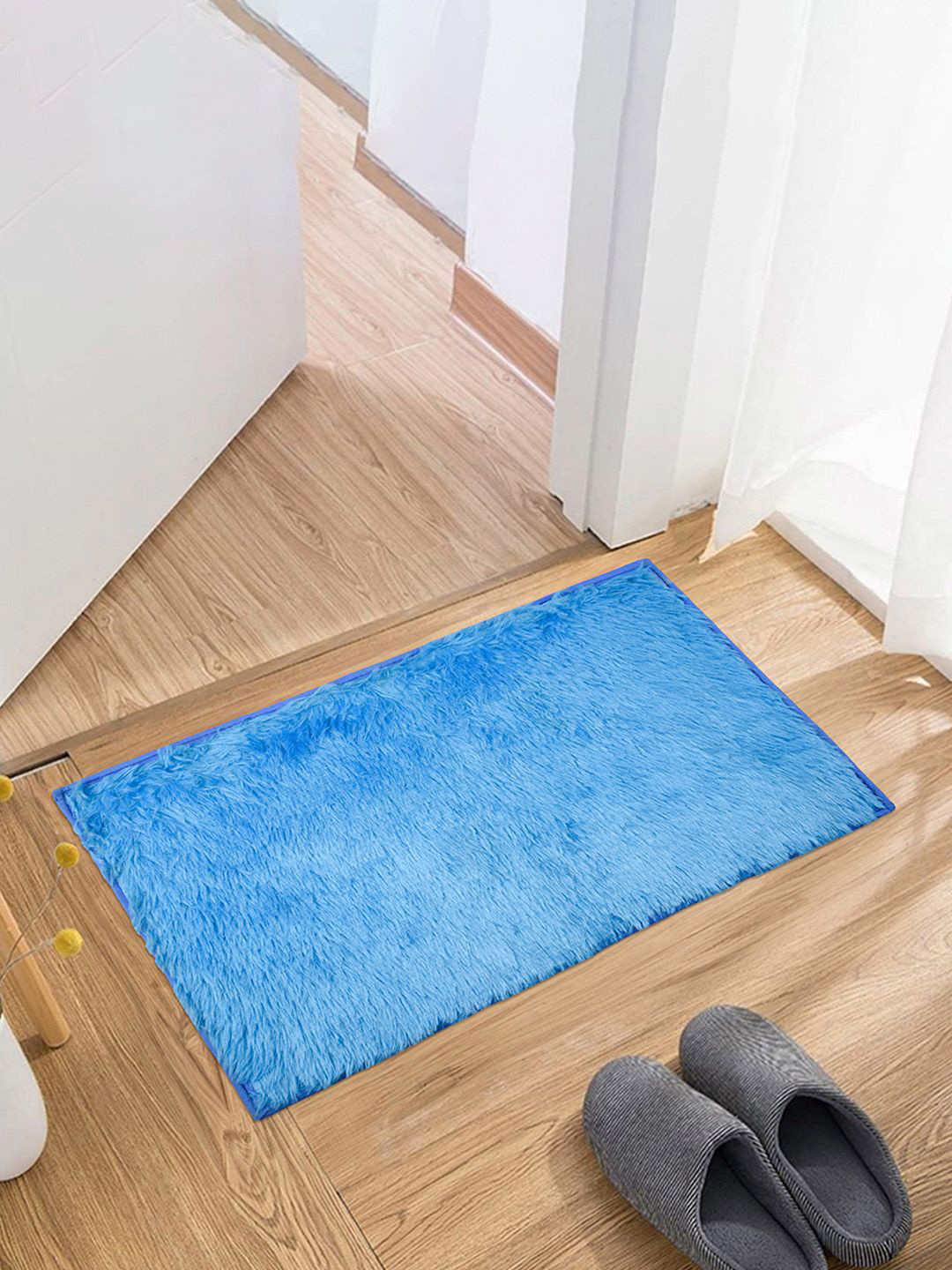 Kuber Industries Blue Velvet Shaggy Plain Rectangle Shaped Doormat