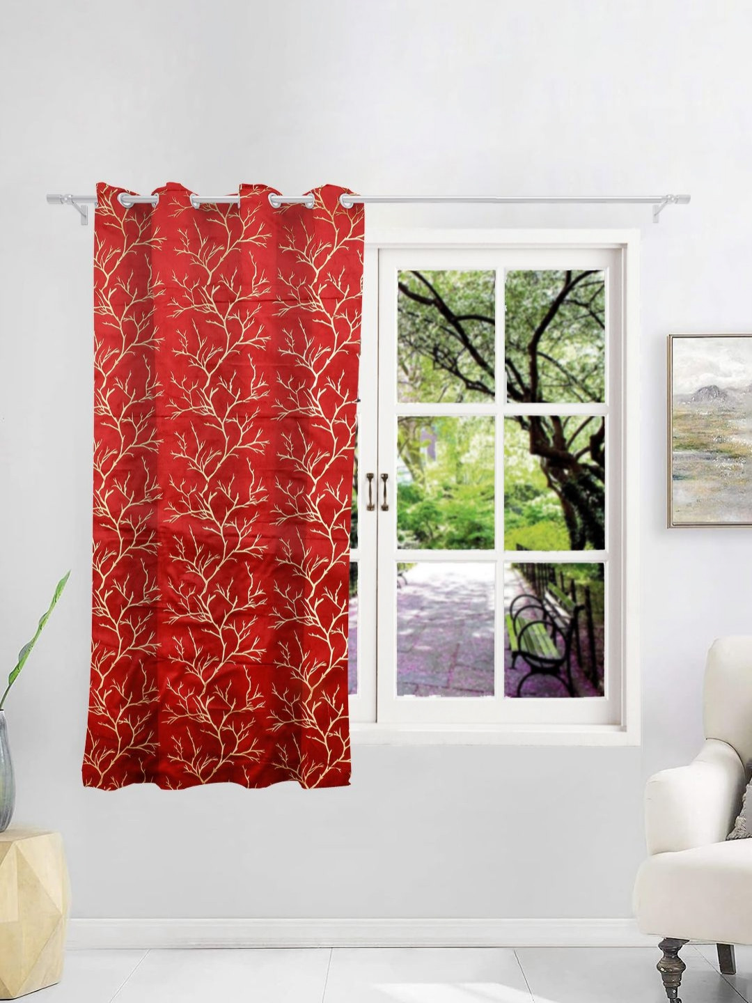 THE CONVERSION Maroon & Gold-Toned Foil Work Velvet Room Darkening Window Curtain