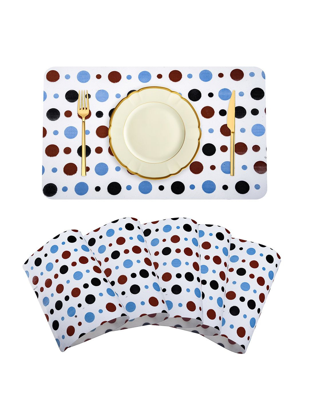 Kuber Industries White & Blue 6 Pieces Dot Printed Rectangle Shaped Table Placemats