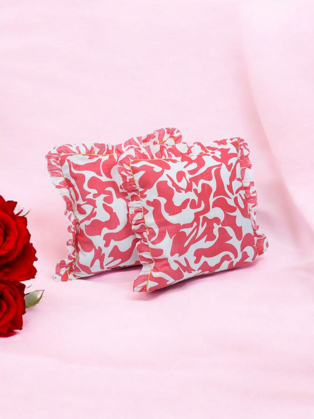 Dhrohar Pink & White Set Of 2 Abstract Ruffled Edge Cotton Silk Square Cushion Covers