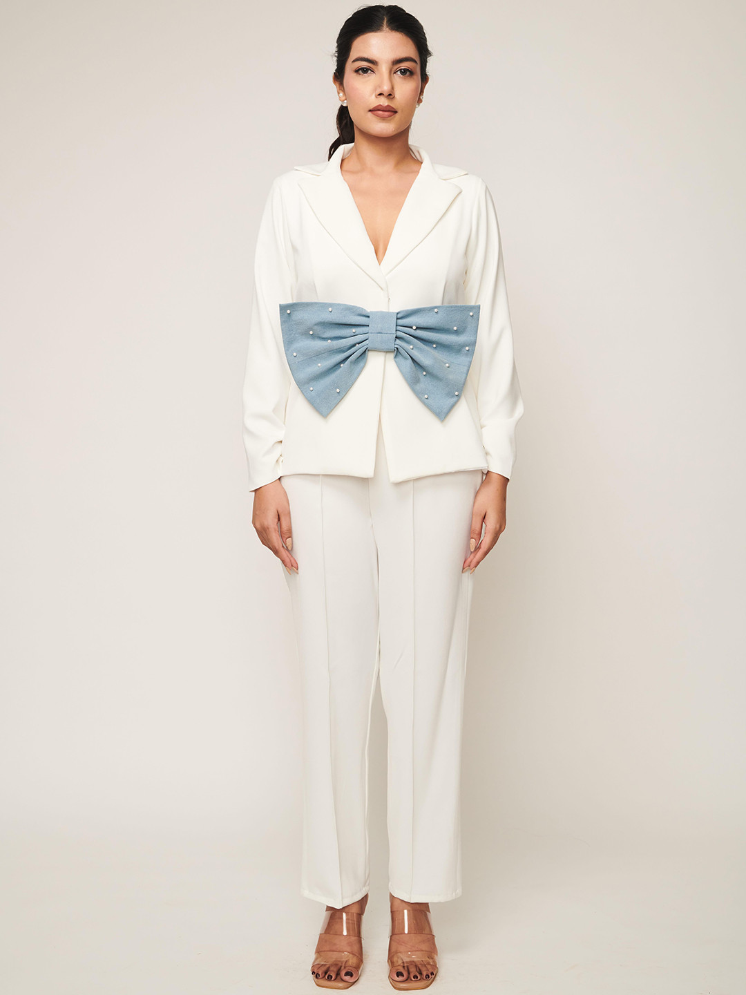 WEAVING CULT Blazer Set With Denim Bow