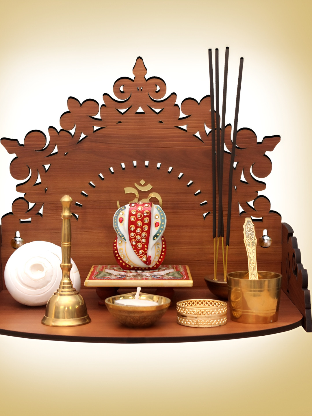 HEARTILY Maroon & Gold-Toned Floral Beautiful Wooden Pooja Home Temple