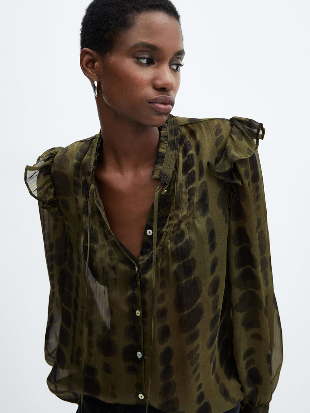 MANGO Satin Finish Print Tie-Up Neck Ruffles Shirt Style Top