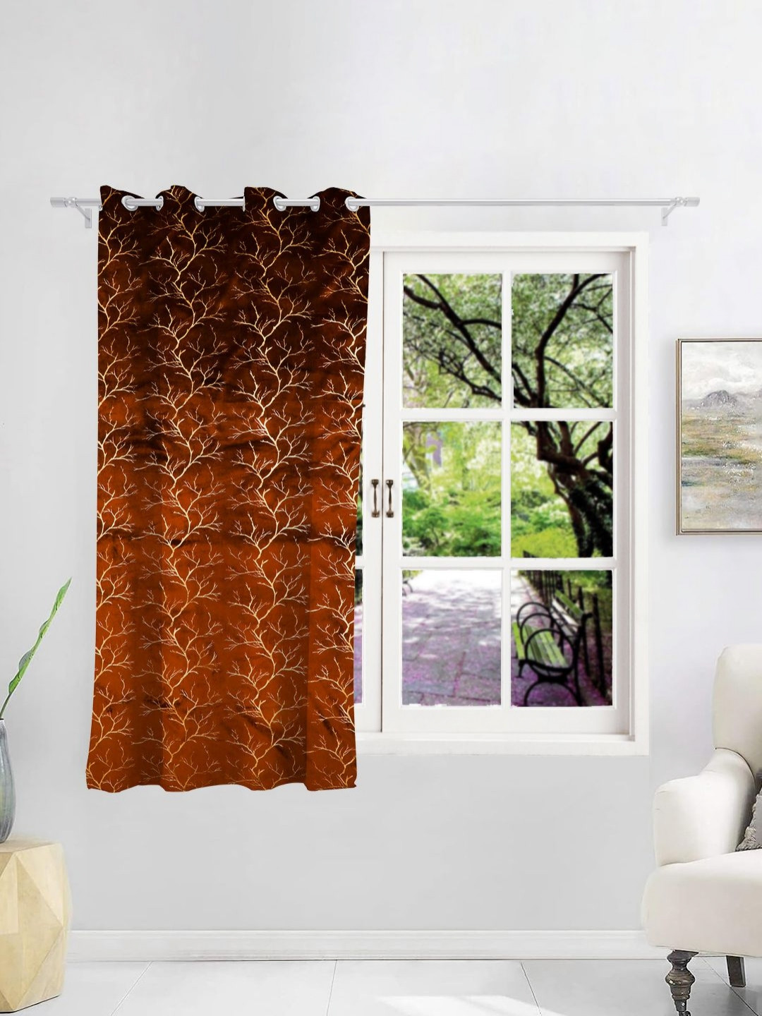 THE CONVERSION Brown & Gold-Toned Foil Work Velvet Room Darkening Window Curtain