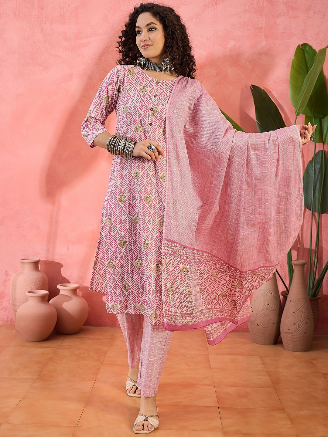 Sangria Floral Printed Round Neck Pure Cotton Straight Kurta With Trousers & Dupatta