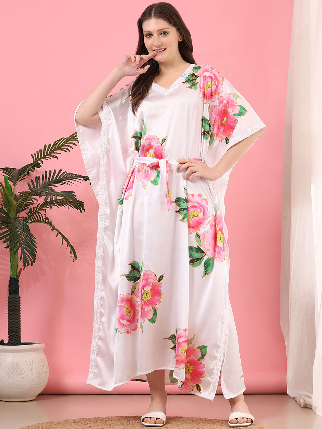 Ms.Lingies Women Printed V Neck Short Sleeves Maxi Kaftan Nightdress