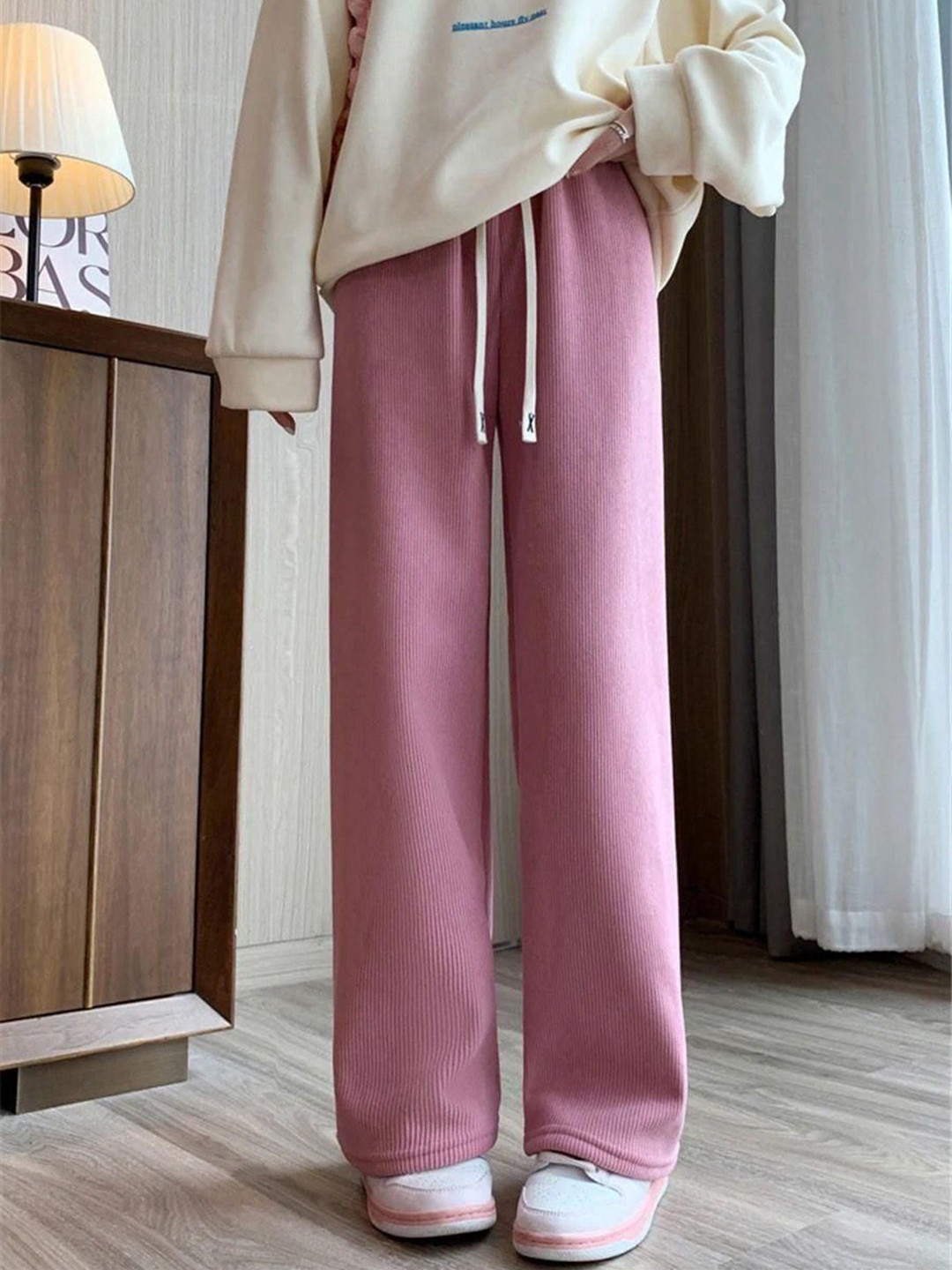 Miss Mosa By Akanksha  Women Pink Marley Wide Leg Fleece Pants