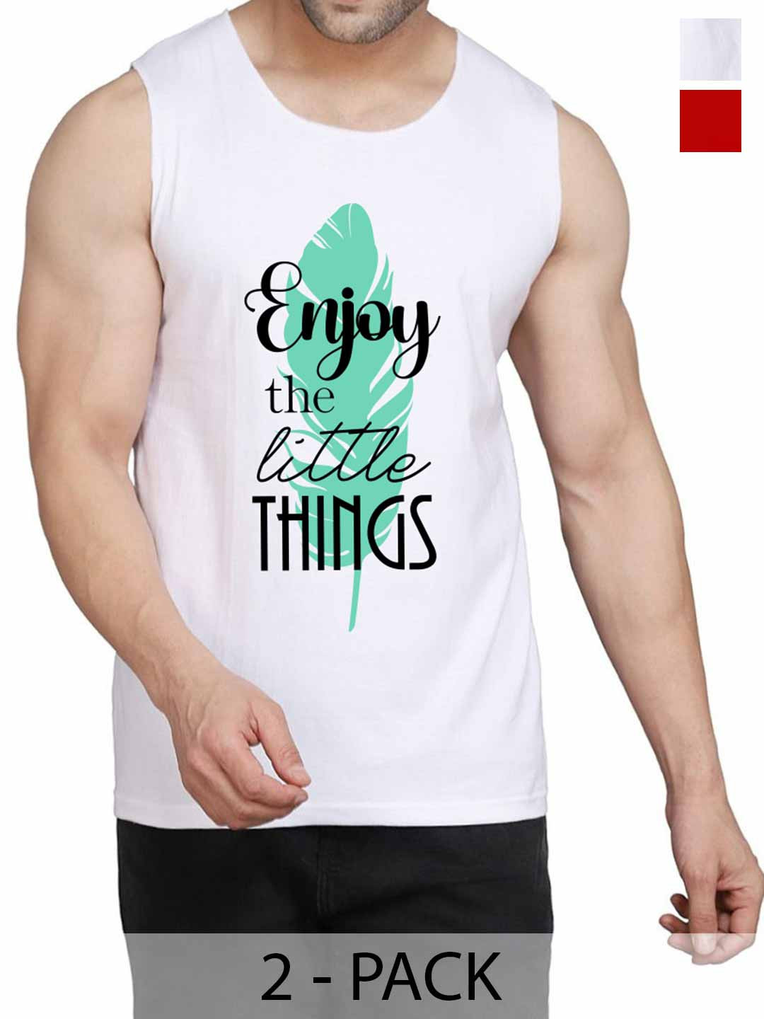 WOOSTRO Pack Of 2 Printed Gym Vests RS26 (ENJOY WHITE)(RUN RED)