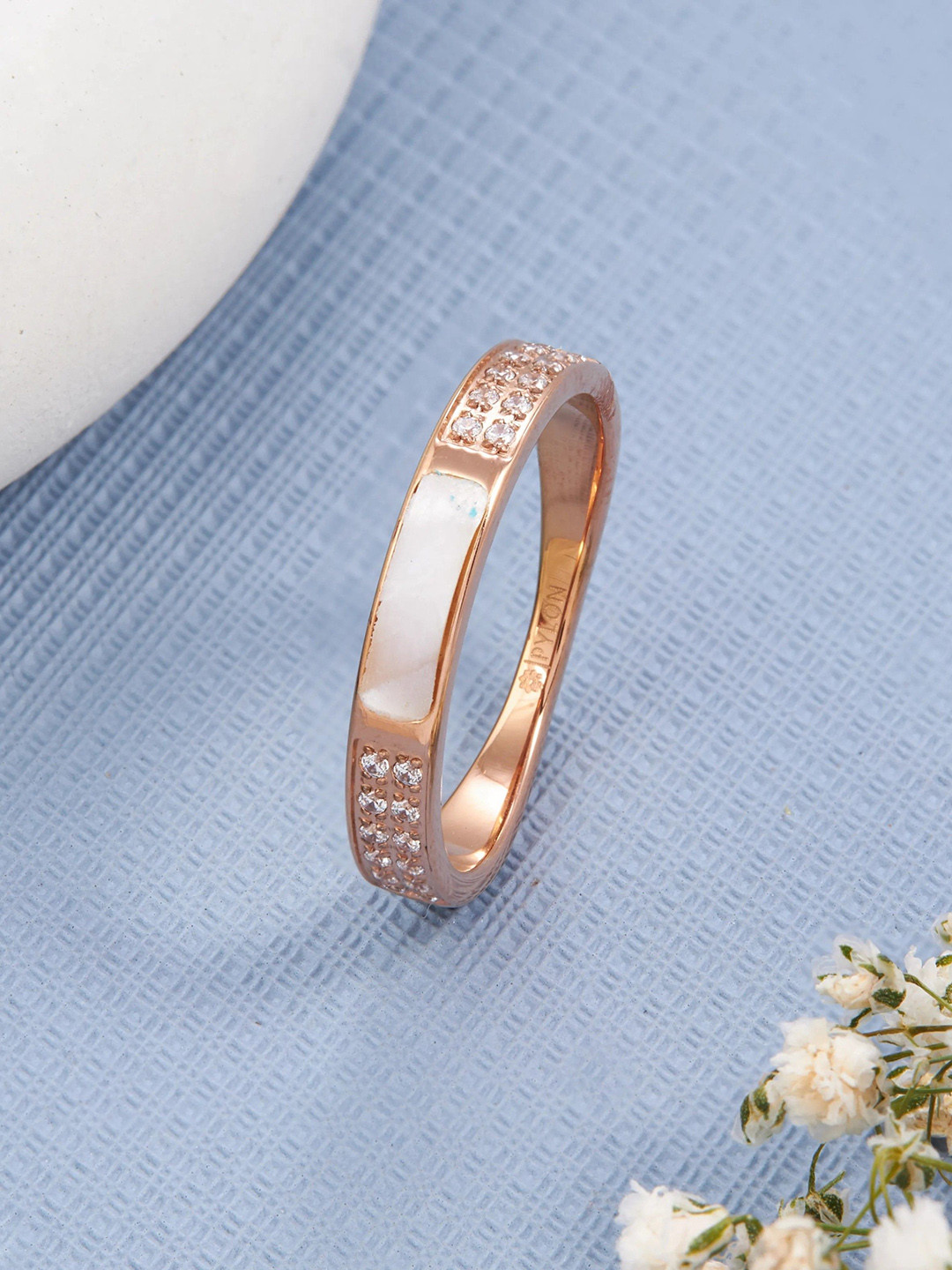 PYLON Stainless Steel Rose Gold-Plated Artificial Stone Studded Finger Ring