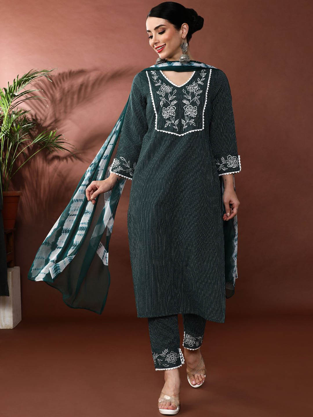 Anouk Floral Yoke Design V Neck Pure Cotton Straight Kurta With Trousers & Dupatta