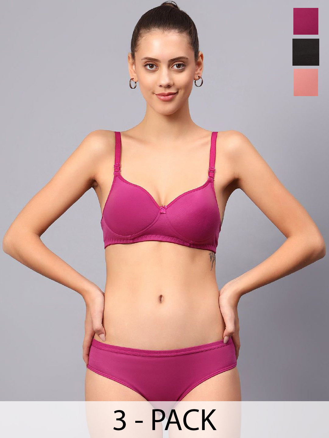 Designer Bugs Women Pack Of 3 Cotton Non Padded Non Wired Lingerie Set NPLS-B-RG-DP-30B