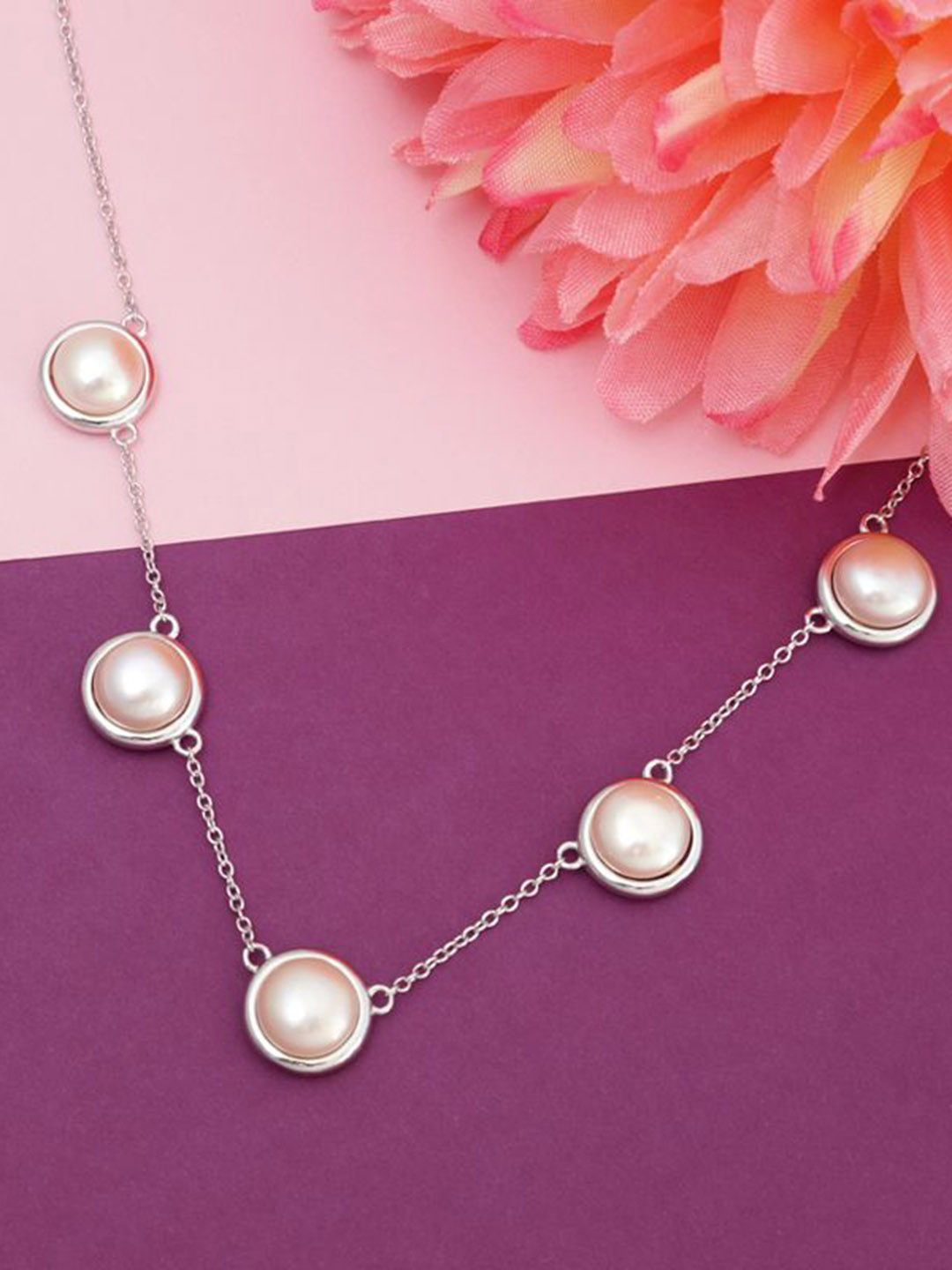 Tuanz Silver Jewelry 925 Sterling Silver Rhodium-Plated Artificial Beaded Necklace & Chain