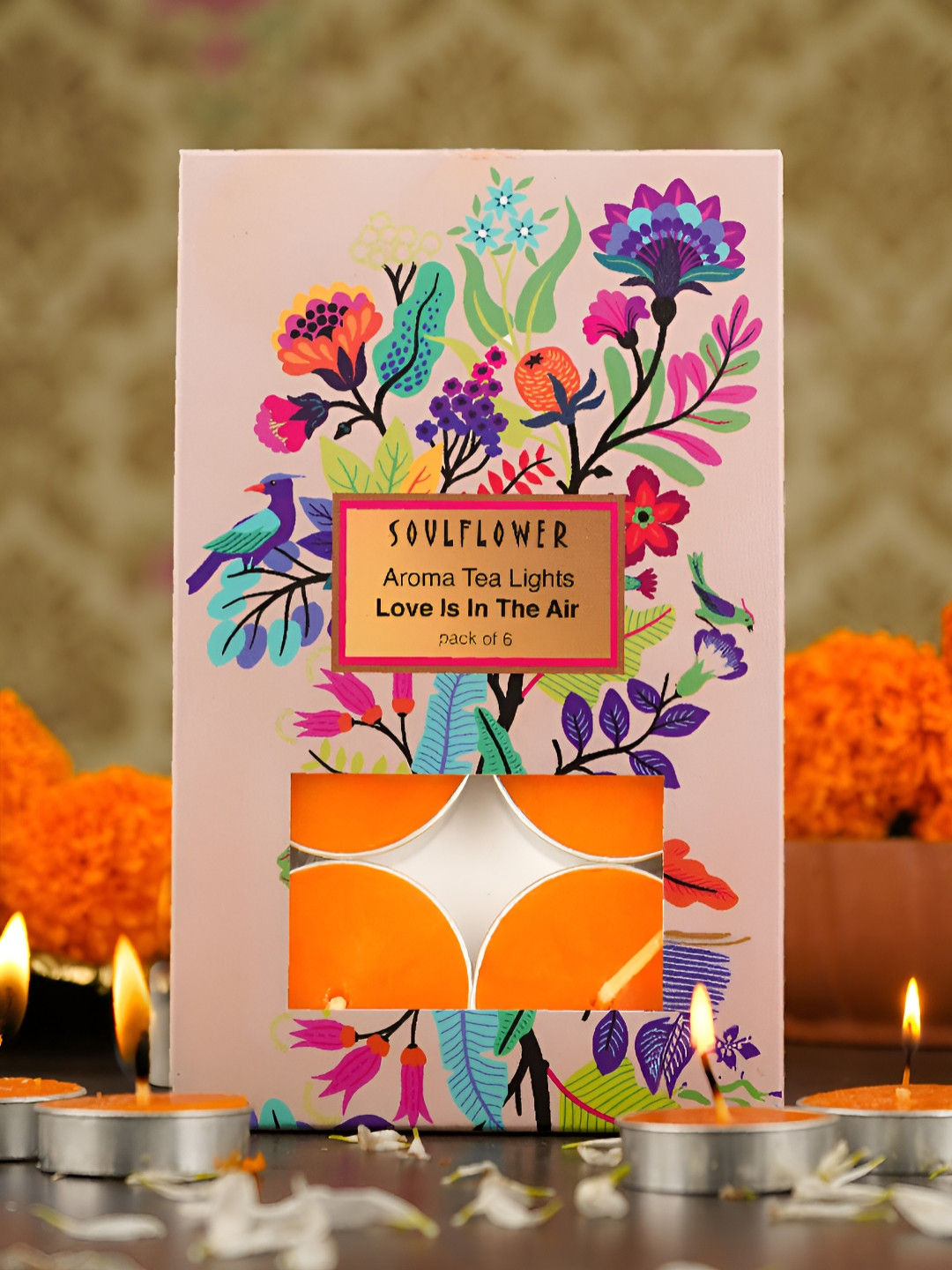 Soulflower Love is in the Air 6Pcs Scented 1 Wick Solid Round Regular Tea Light Candles