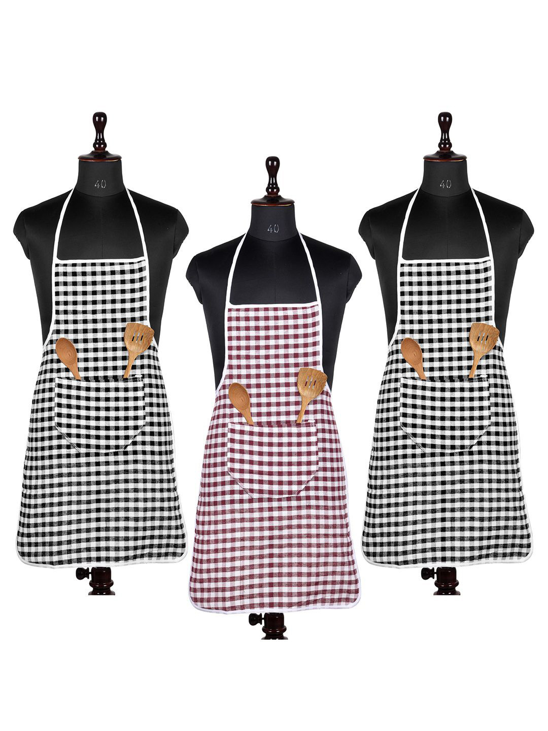 Kuber Industries Red & Green 3 Pieces Checked Cotton Front Pocket Aprons