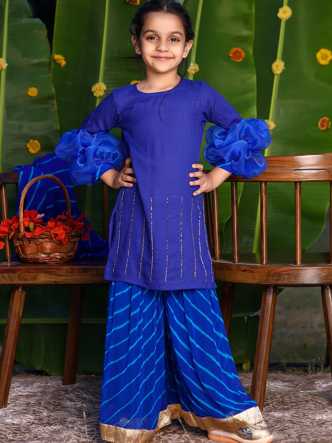 Thread & Button Girls Embroidered Regular Beads and Stones Kurta with Sharara & With Dupatta