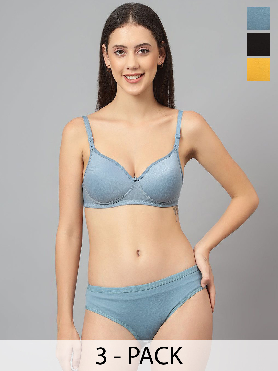 Designer Bugs Pack Of 3 Cotton Non Padded Non Wired Mid-Rise Lingerie Set NPLS-B-Y-G-30B