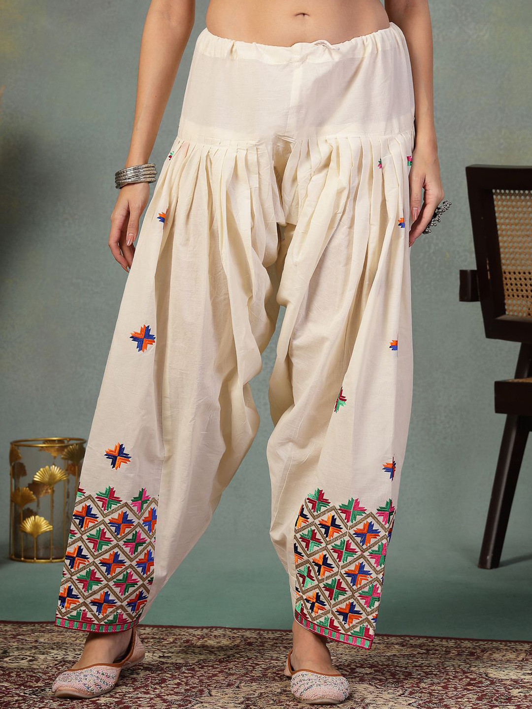 Clora Creation Women Embroidered Phulkari Loose Fit Cotton Salwar