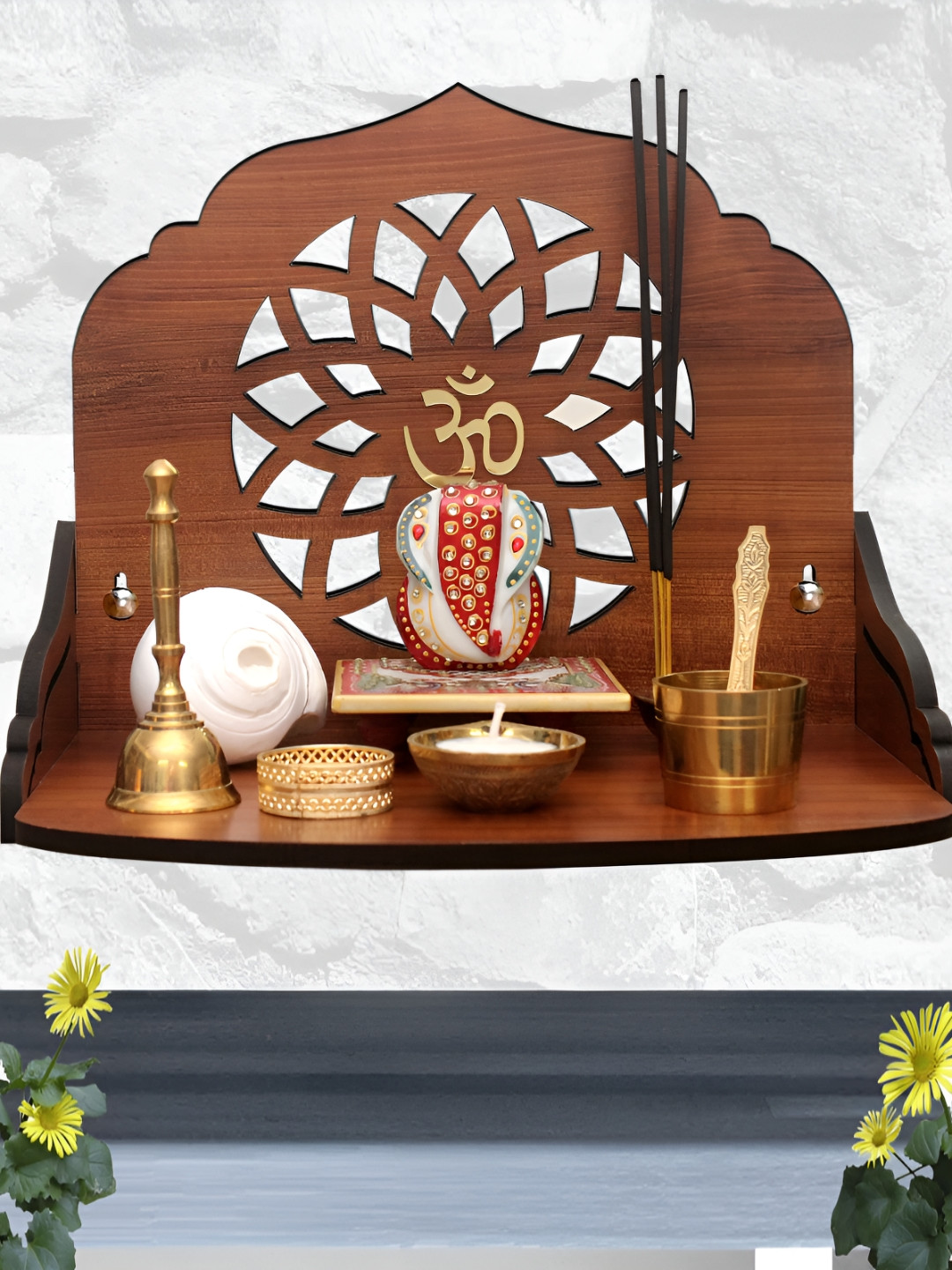 HEARTILY Brown & Gold-Toned Mandala Beautiful Wooden Pooja Home Temple