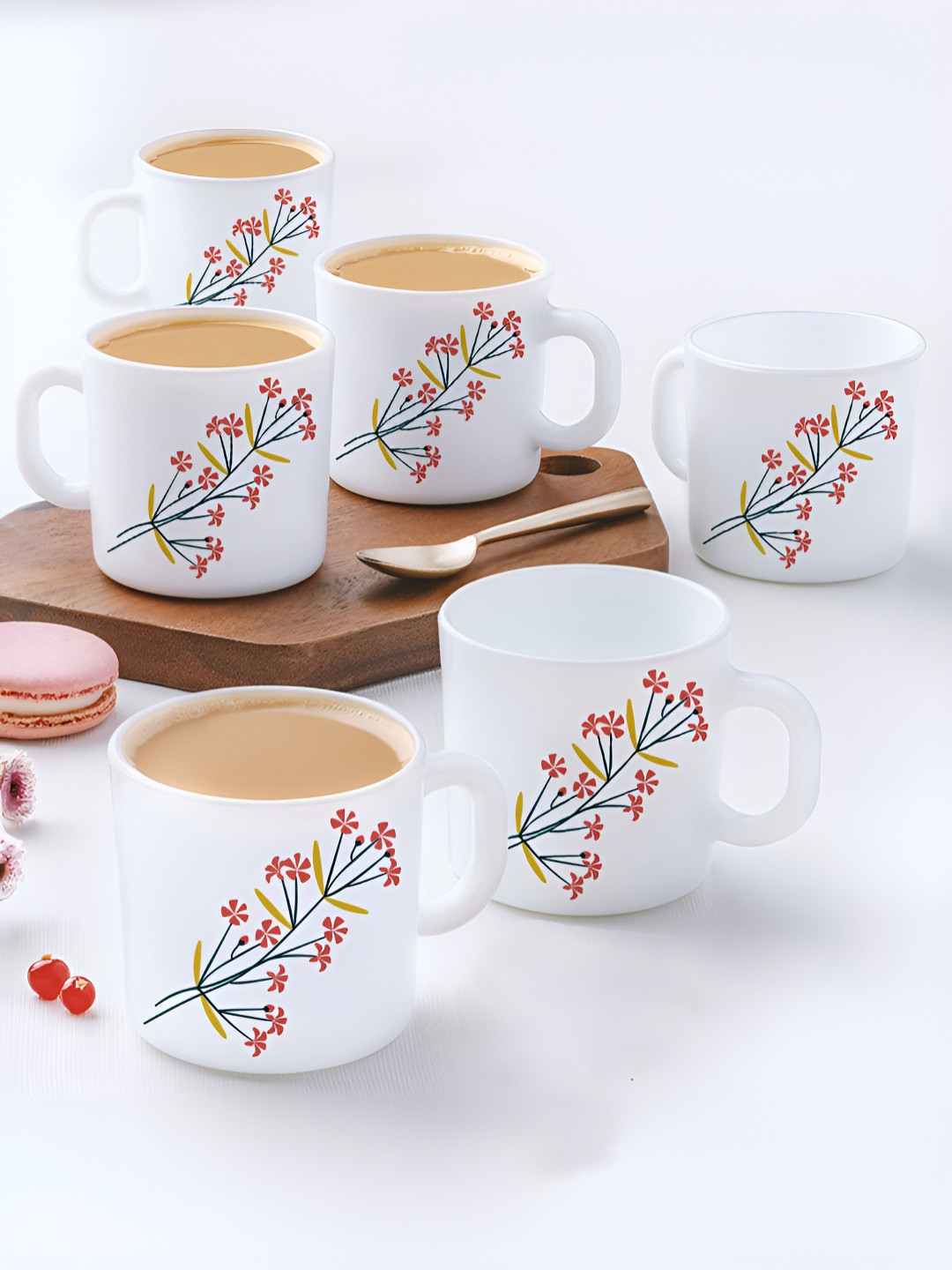 Larah by BOROSIL Designer Klip Lock White Floral Opalware Microwave Safe 6 Piece Mugs-180ml