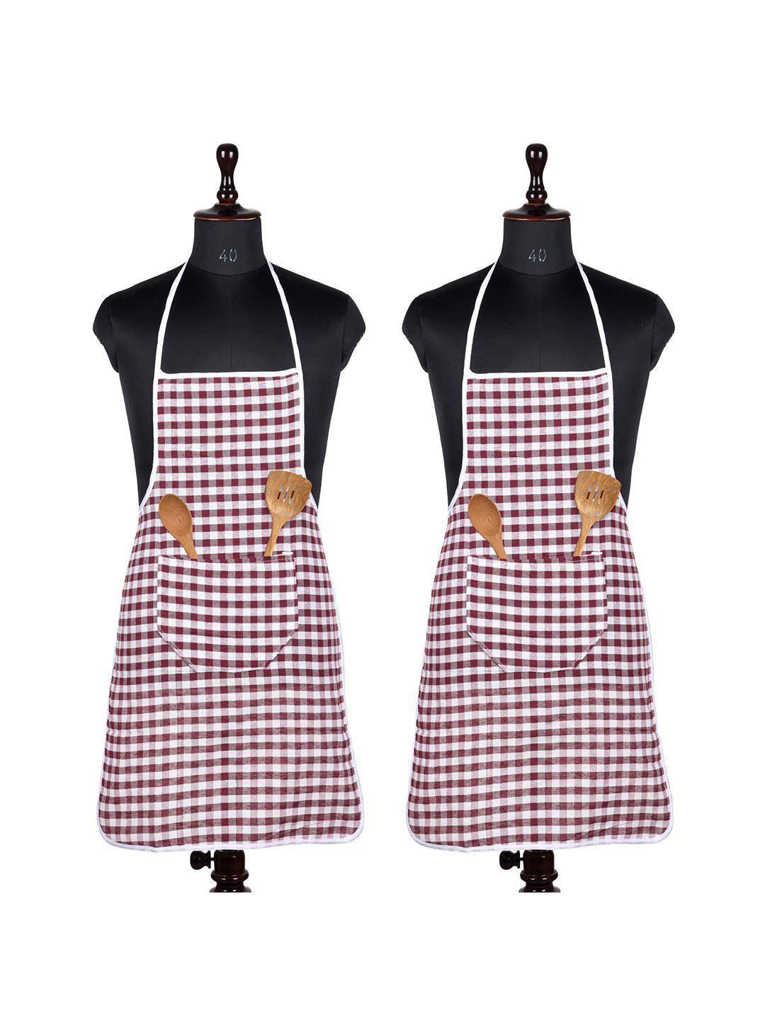Kuber Industries Maroon & White 2 Pieces Checked Printed Cotton Kitchen Aprons