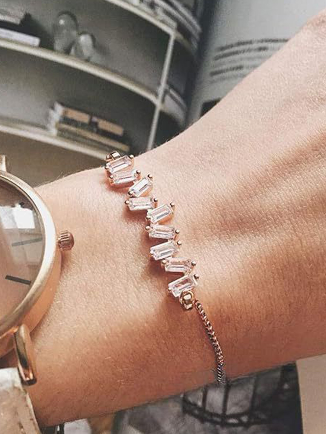MEENAZ Stainless Steel Rose Gold-Plated Crystals Studded Anti Tarnish Tennis Link Bracelet