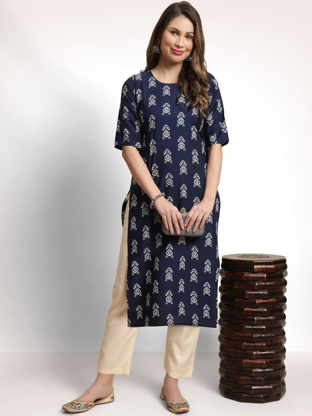 Moda Rapido Ethnic Motifs Printed Round Neck Ikat Technique Straight Kurta With Trousers