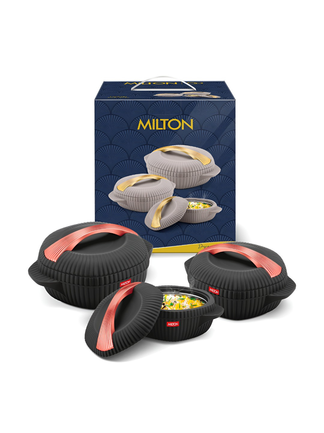 Milton Set of 3 Oyster Reg. PU Insulated Hot & Cold Casserole 860 ml 1275 ml 1910 ml