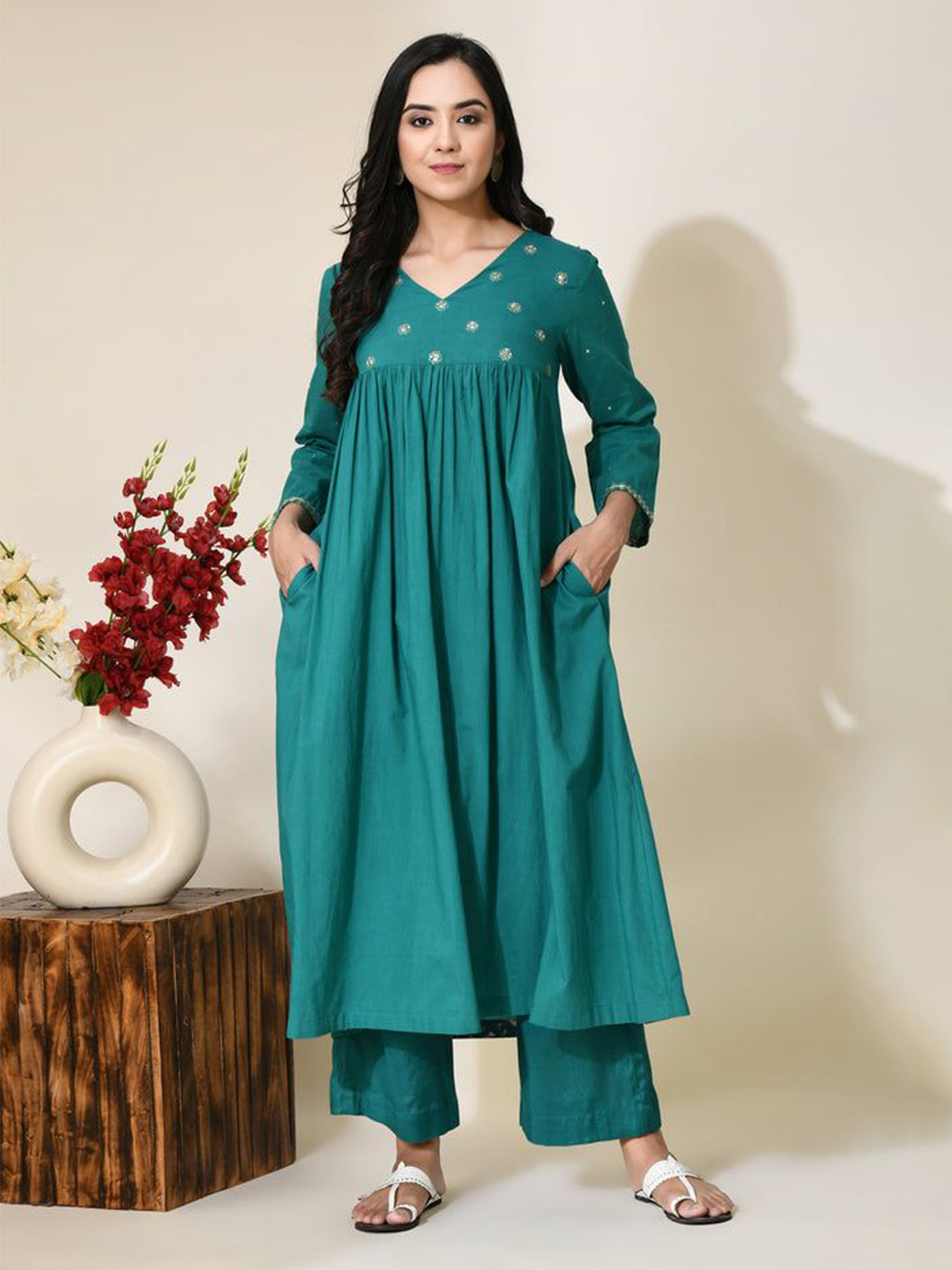 SEEDS OF FUSION Floral Woven Design Pure Cotton Anarkali Kurta