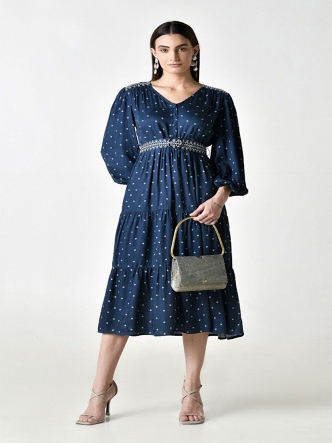 STIL O STITCH Print Flared Sleeve Satin Fit & Flare Maxi Dress