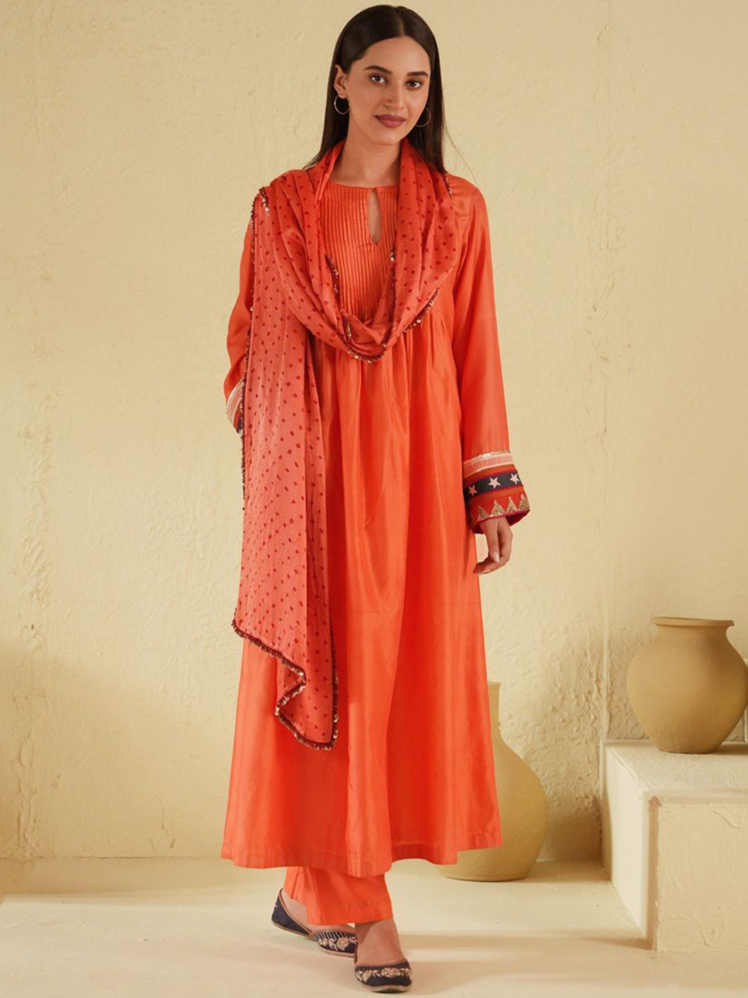 SUSHRAM Pleated Keywhole Pure Silk Kurta With Trousers & Dupatta