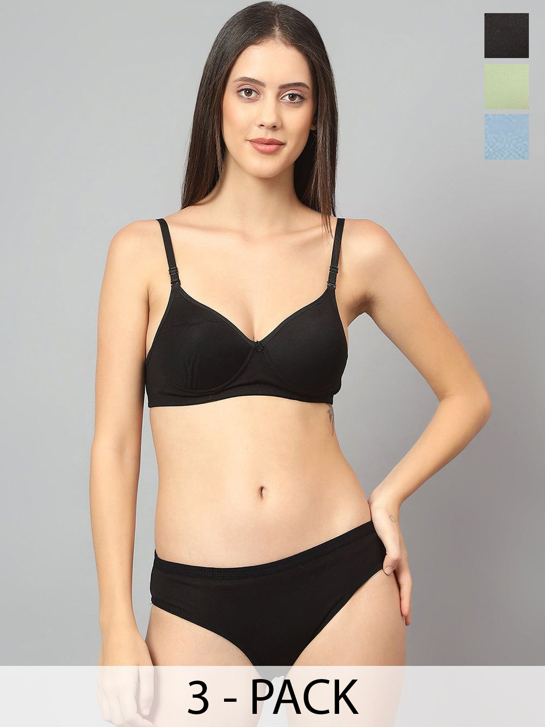 Designer Bugs Women's Pack Of 3 Cotton Non Padded Non Wired Lingerie Sets