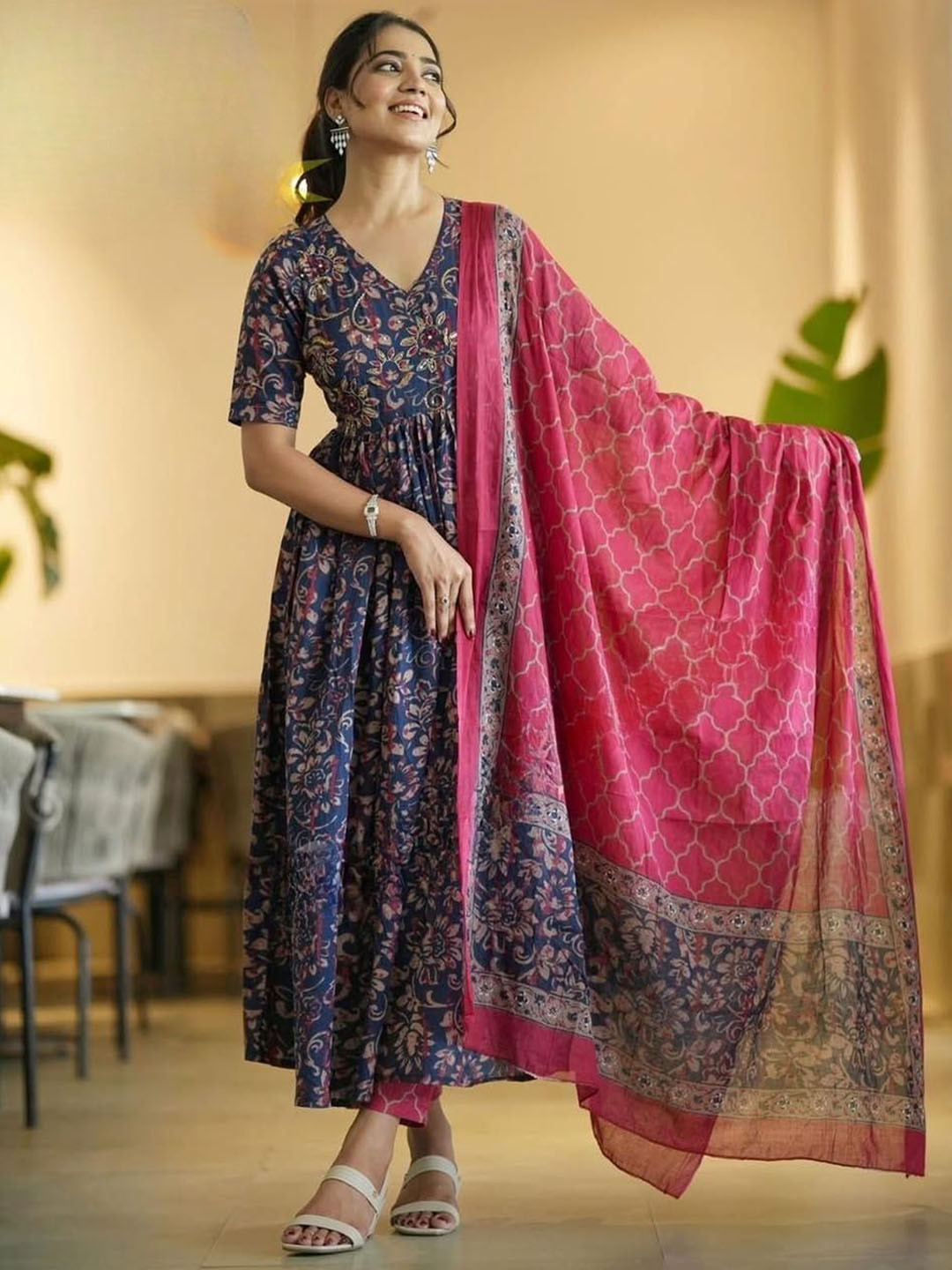 KALINI Women Floral Printed V-Neck Anarkali Kurta with Palazzos & With Dupatta