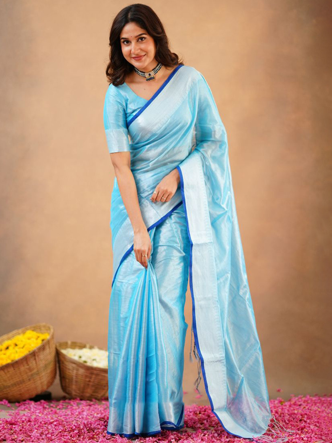 Sutisancha Aqua Blue Handloom Temple Tissue Saree