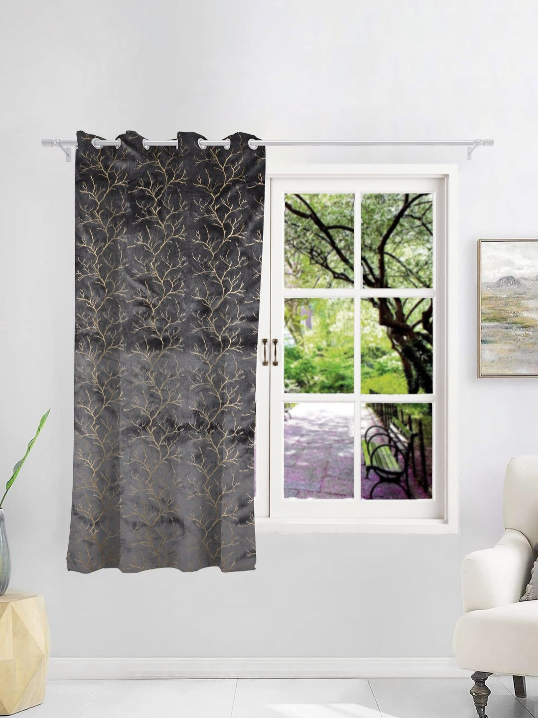 THE CONVERSION Grey & Gold-Toned Foil Work Velvet Room Darkening Window Curtain