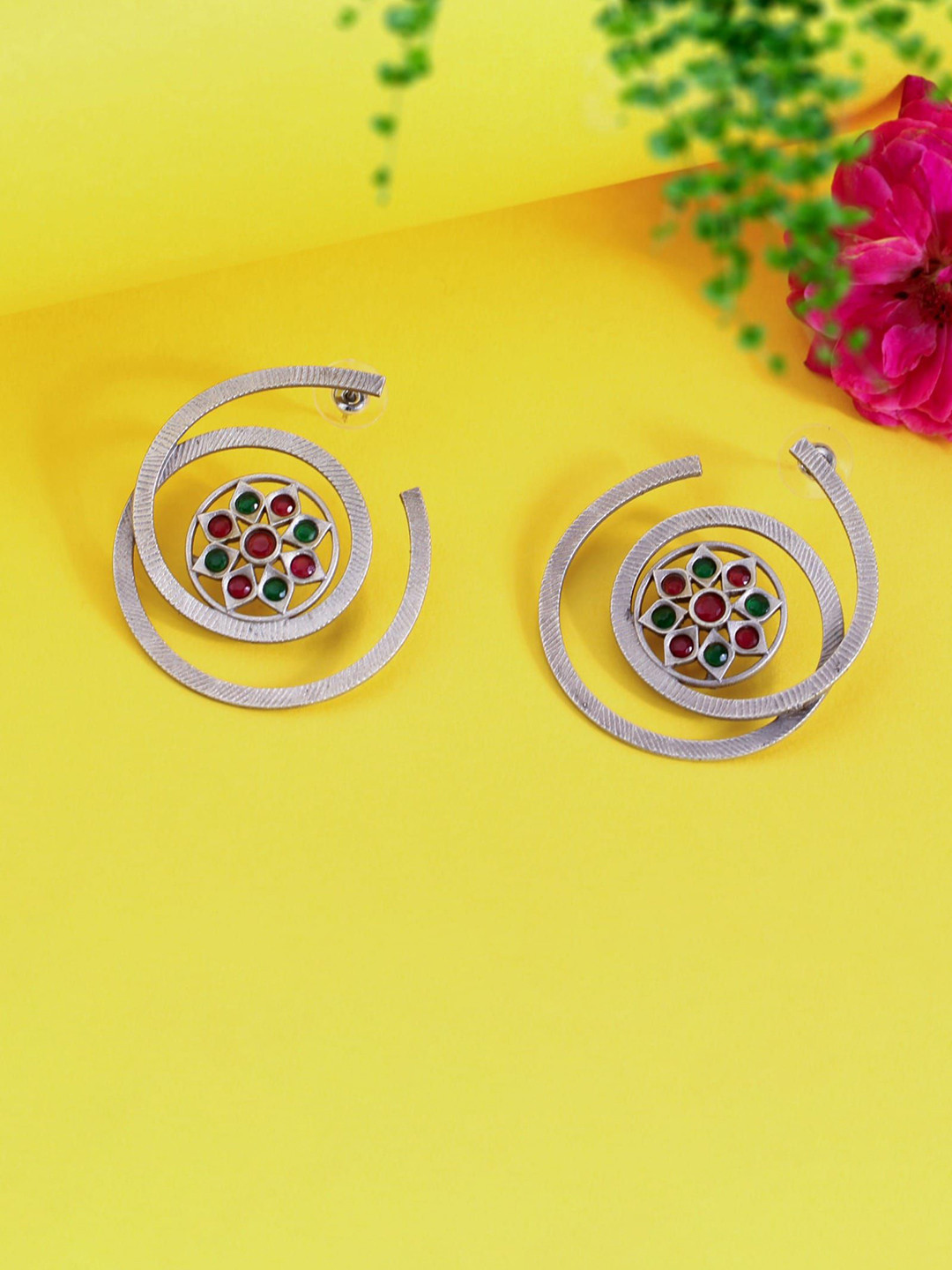 SANAA CREATIONS Minebella Silver-Plated Artificial Stones Studded Floral Studs