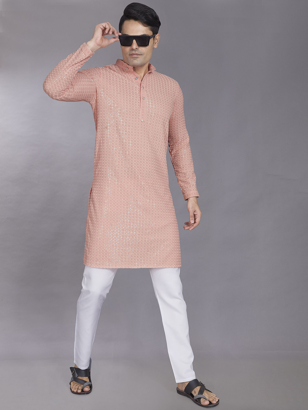DIVISIVE Geeometric Embroidered Sequinned Work Band Collar Straight Kurta