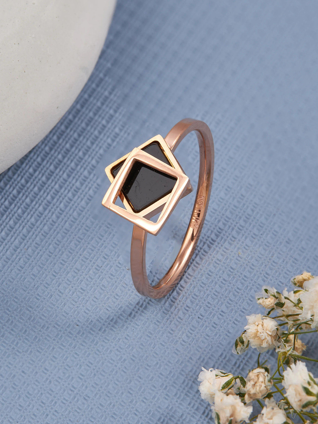 PYLON Stainless Steel Rose Gold-Plated Artificial Stones Studded Finger Ring