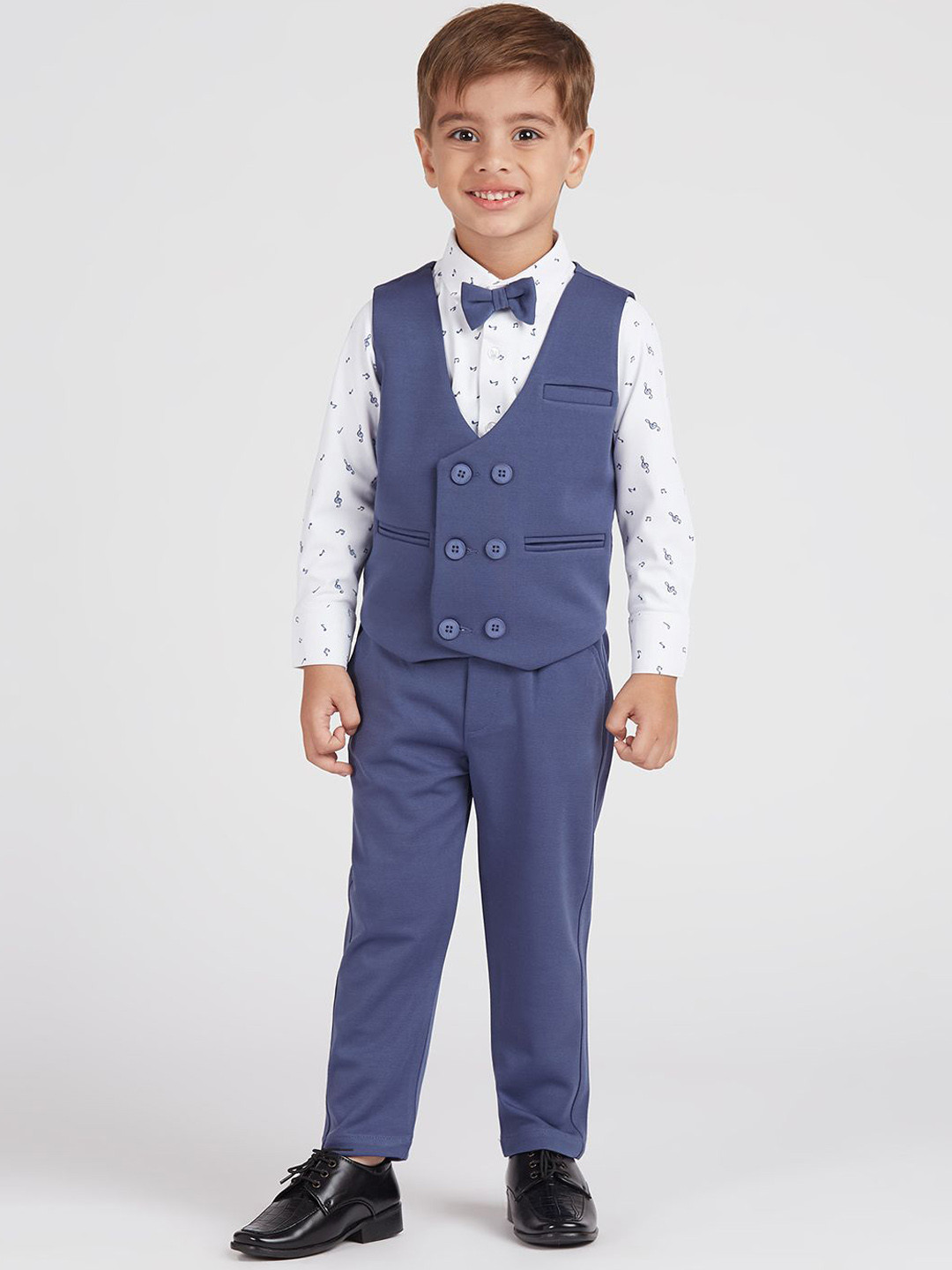 YK Boys Printed Shirt Pant Waist Coat & Bow Tie Suit Set