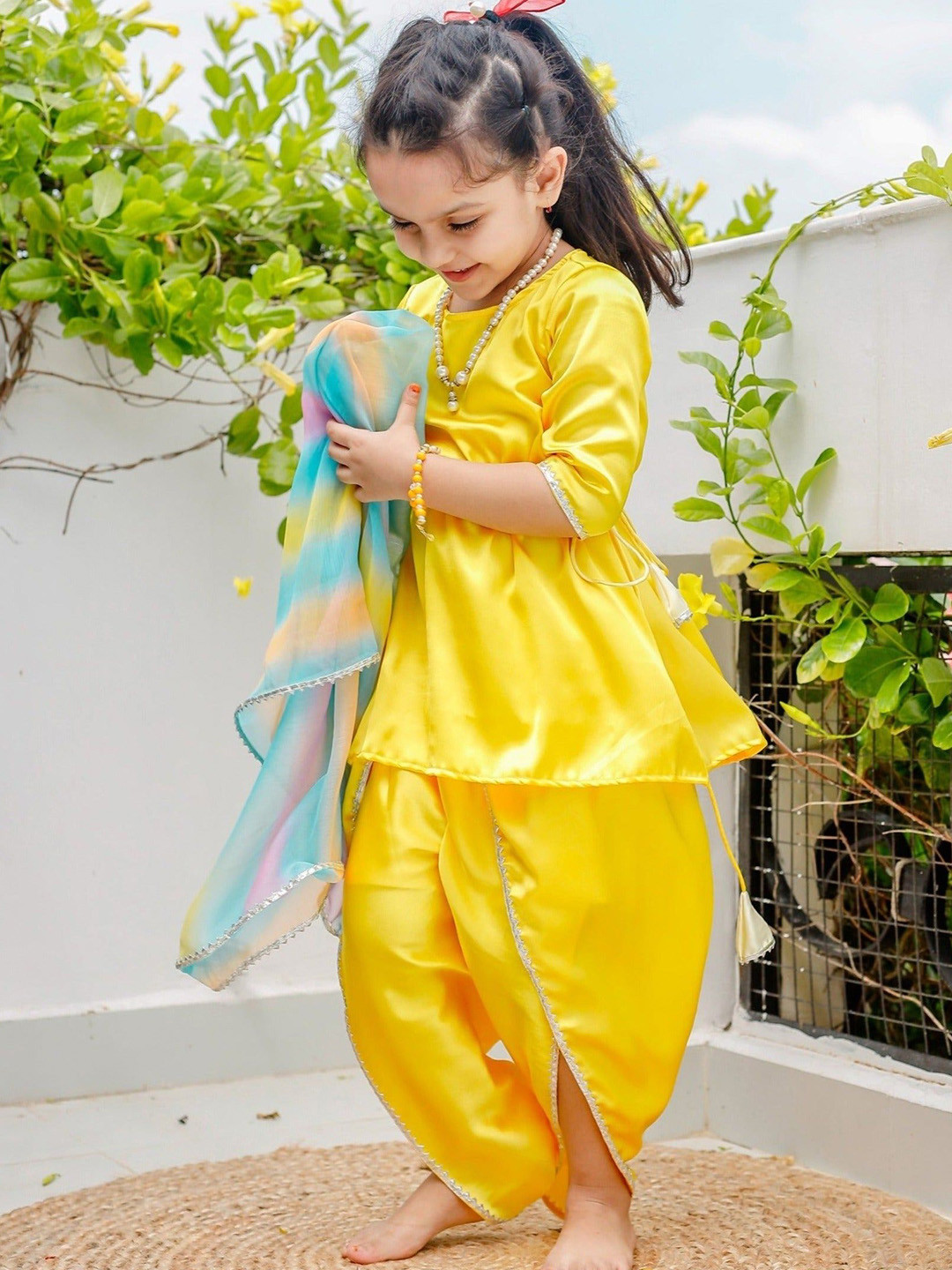 Thread & Button Girls Regular Kurti with Dhoti Pants & With Dupatta