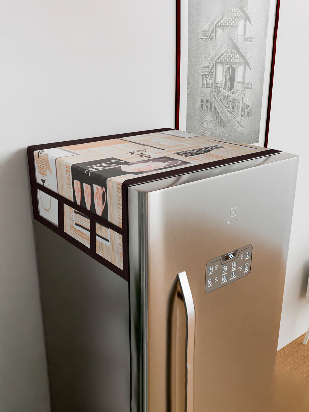 Kuber Industries Brown & White Printed Refrigerator Cover With 6 Utility Pockets