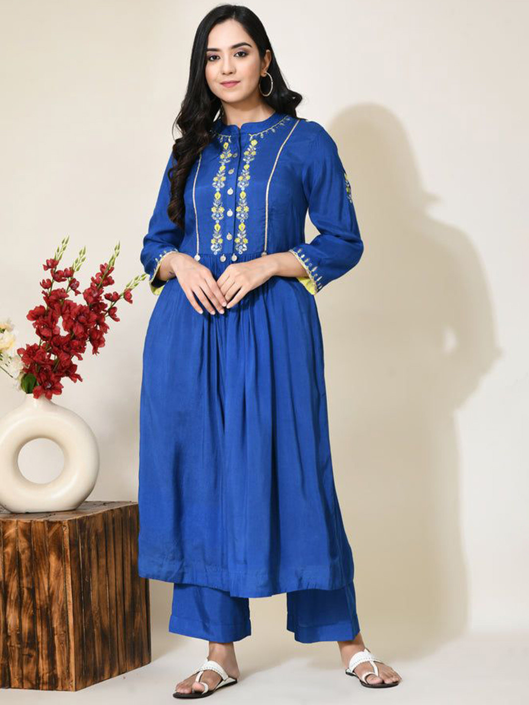 SEEDS OF FUSION Floral Embroidered Pure Cotton A-Line Kurta