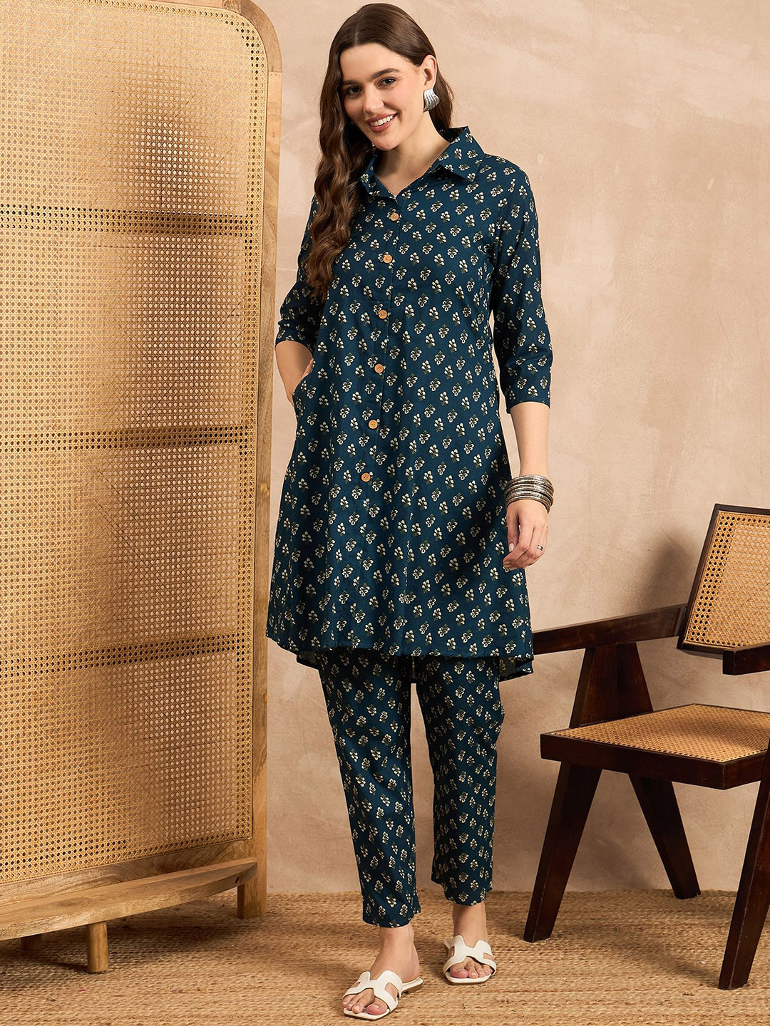 ZITRA Floral Printed Shirt Collar Tunic & Trousers