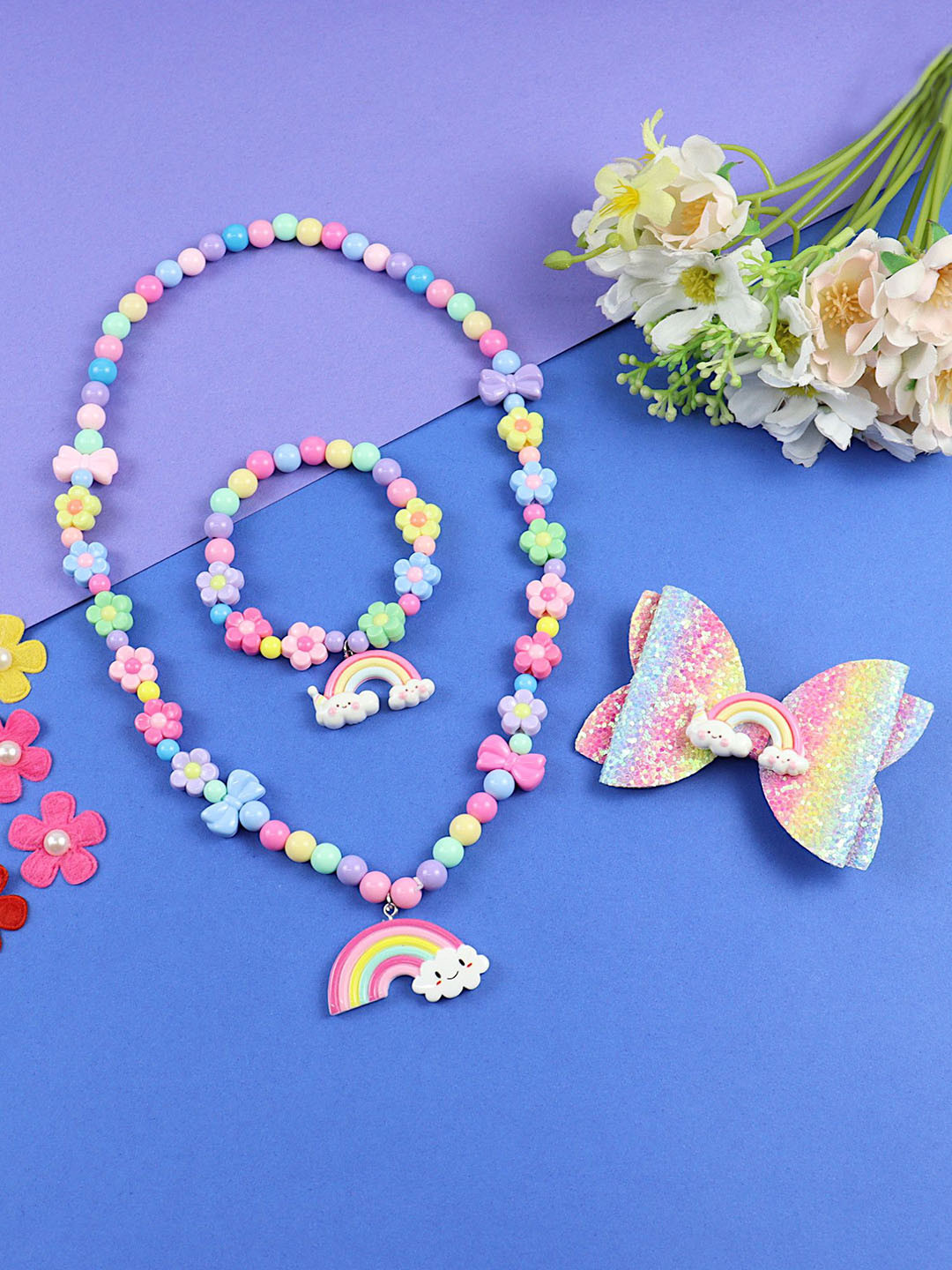 Asthetika Kids Girls Beaded Rainbow Charm Necklace & Bracelet With Hair Clip Jewellery Set